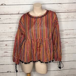 Amaryllis Striped Pom Pom Blouse with Silver Detai